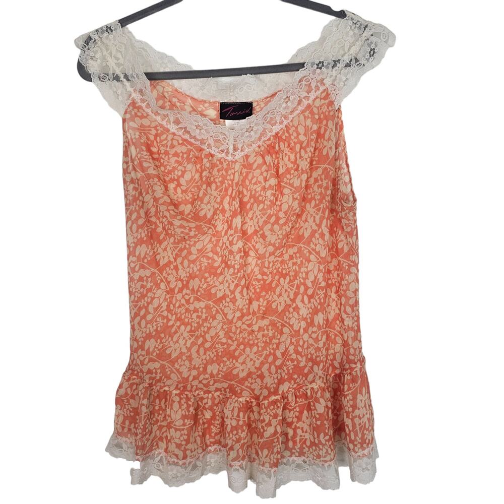 Torrid Top Lace Blouse Floral Blouse Women 18 Orange Ruffle Hem Top V-Neck Top